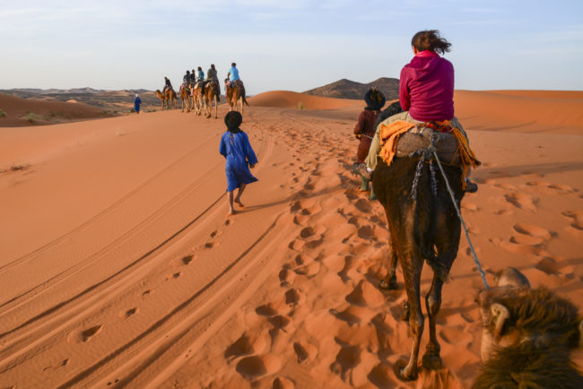 Touristen auf Kamelen mit Führern in der marokkanischen Sahara auf einer Wüstenkameltour